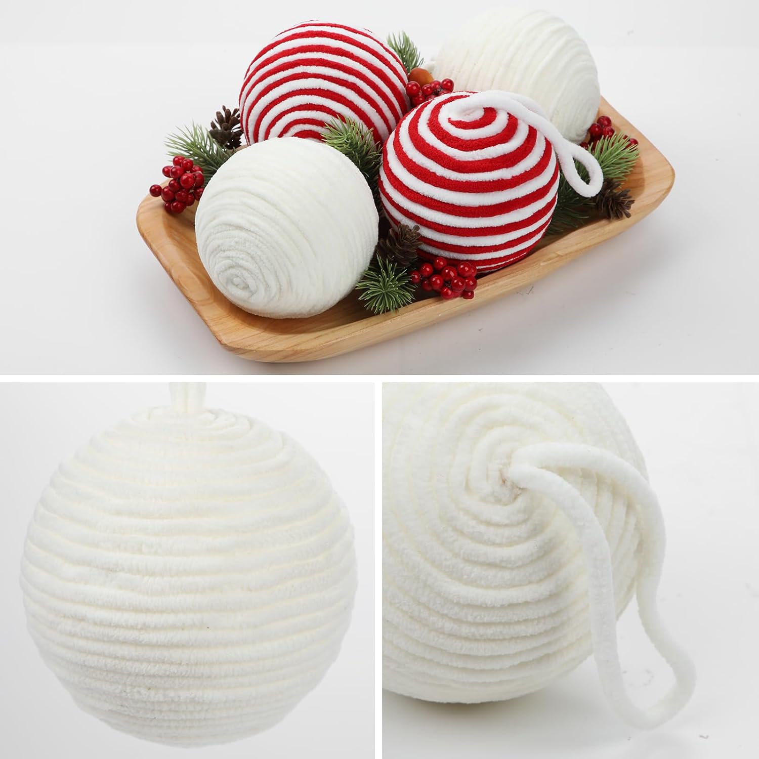 Detalle 2 de Oairse 10cm White Christmas Ornament Balls – 6 Large Shatterproof Yarn Baubles