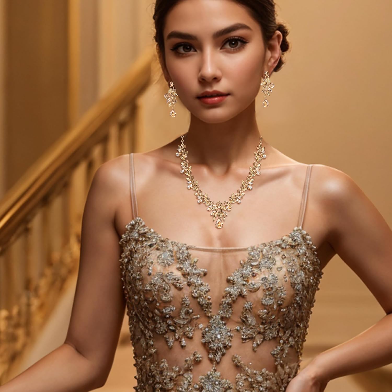 Thumbnail 1 de Parure bijoux femme Clearine pour mariage, bal de fin d’année : collier + boucles d’oreilles cristal feuille fleur ton argent