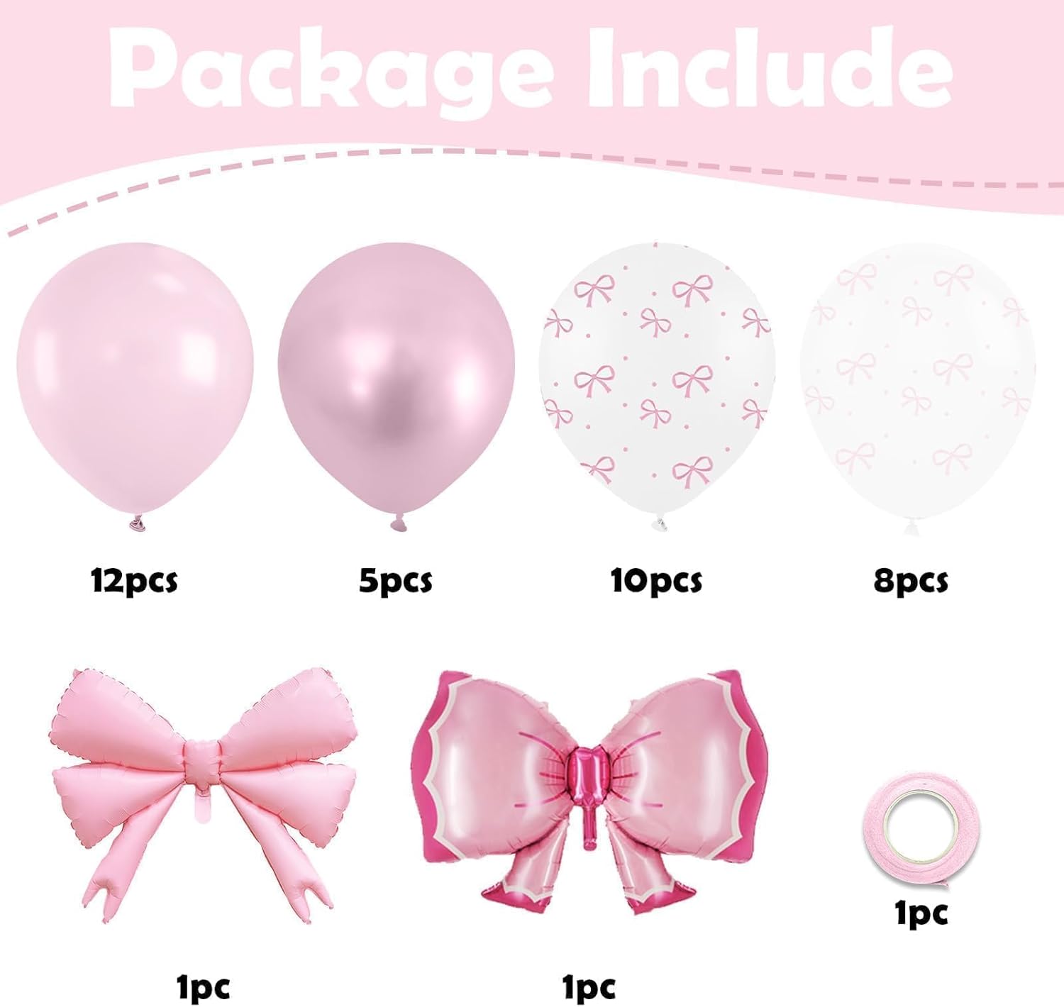 Detalle de Bow Balloons 35-Piece Light Baby Pink, White & Clear Pastel Balloon Set with Bow Foil Balloon and Ribbon