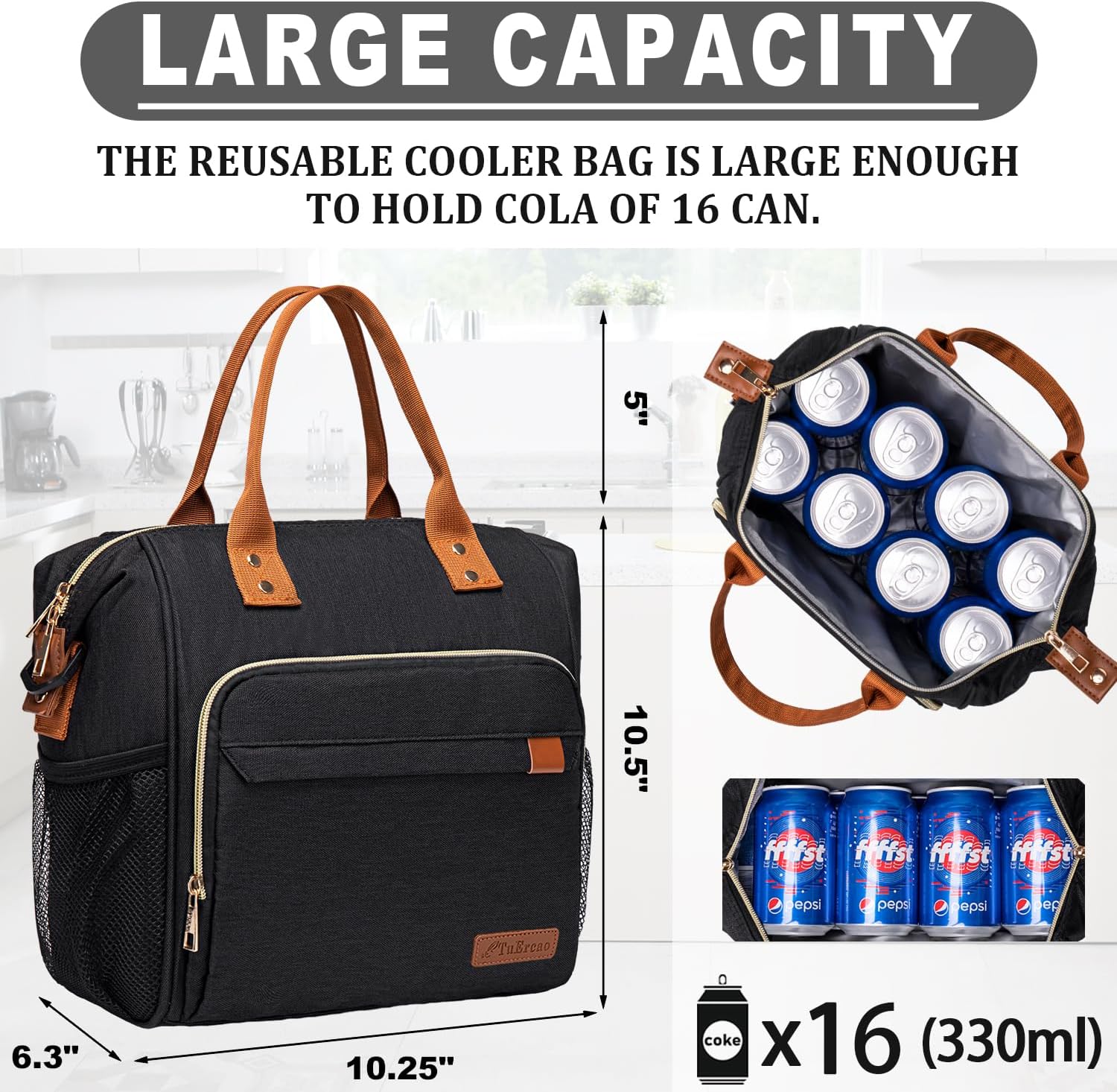Detalle 2 de TuErcao Black Insulated Lunch Bag, 11 L with Adjustable Shoulder Strap