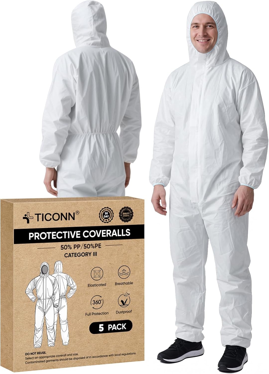 Detalle de TICONN Disposable Coveralls, PP+PE Full-Body Suit with Hood and Front Zipper