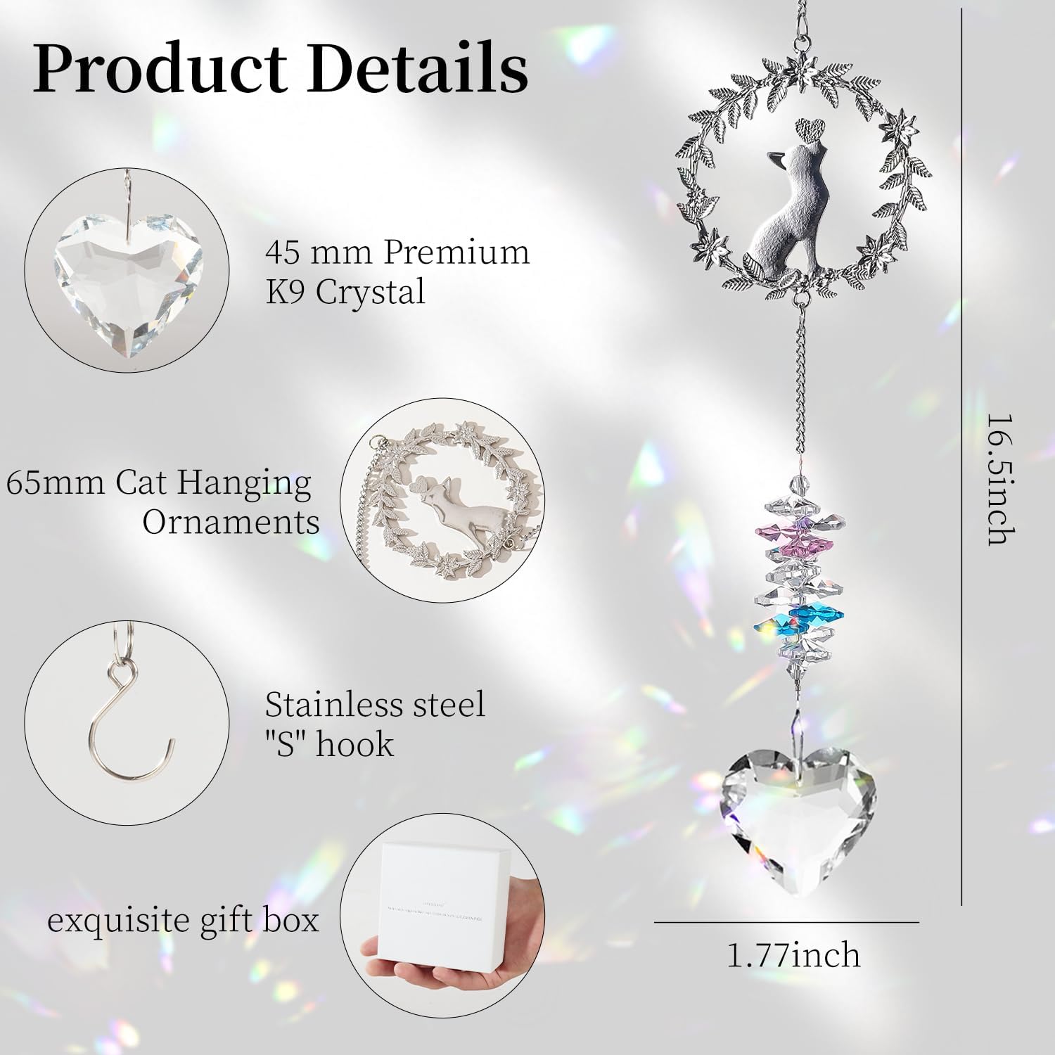 Detalle 2 de HEGELDA Cat Memorial Crystal Suncatcher, White Heart Hanging Keepsake