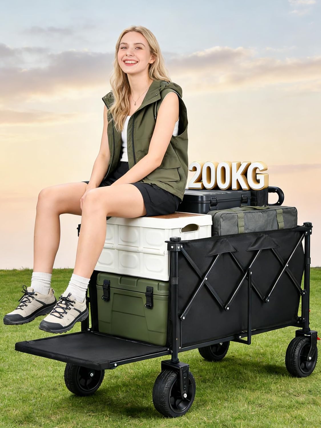 Detalle de YEAUPE PRO Festival Trolley on Wheels 160L–210L Folding Wagon (Rear-opening, wide 7-inch wheels, adjustable handle)