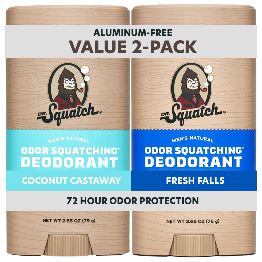 Dr. Squatch Aluminum-Free Natural Deodorant for Men (Coconut Castaway + Fresh Falls) 2-Pack, 2.65 oz