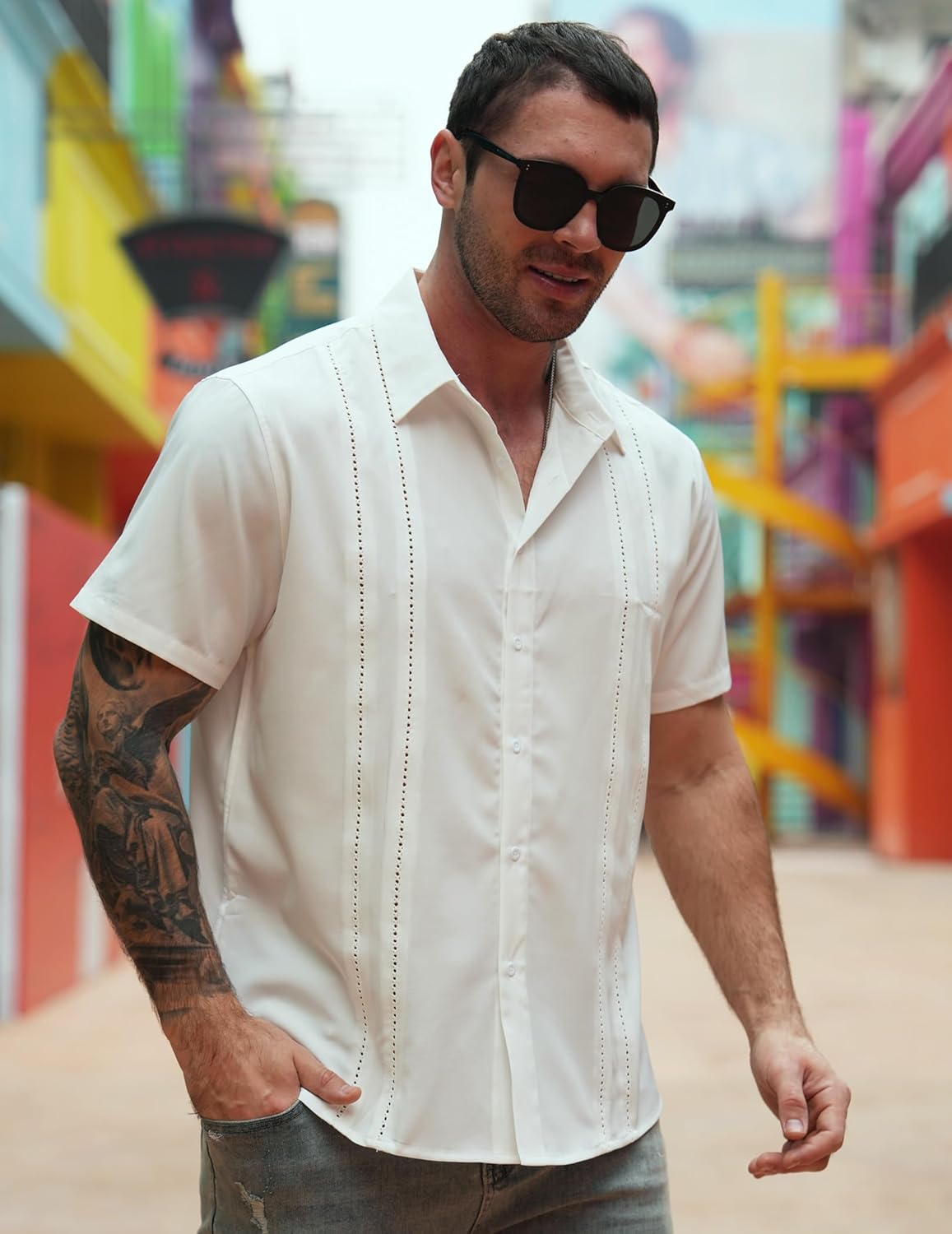 Thumbnail 1 de COOFANDY Men’s Cuban Guayabera Shirt Short Sleeve Button-Down (Summer Beach Shirt)