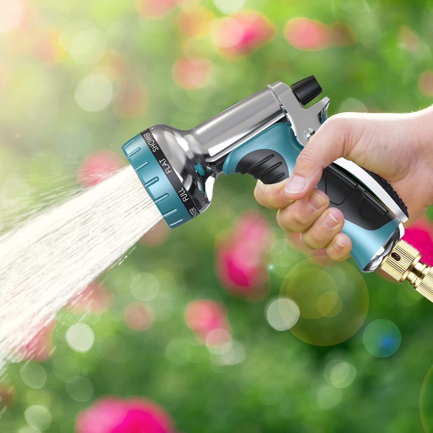 Detalle 2 de Hose Pipe Spray Gun with 9 Adjustable Patterns — Heavy Duty Metal Garden Hose Nozzle (Lake Blue)