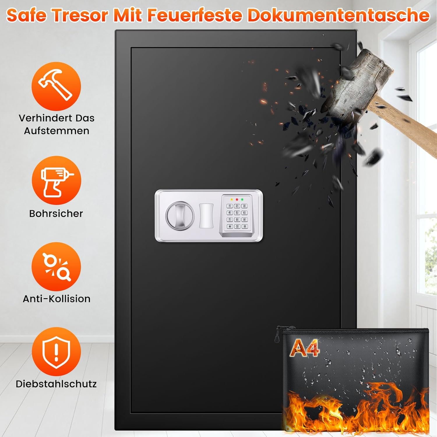 Detalle de Mejasg Extra Großer Safe 102L: feuerfester Möbeltresor mit Alarmanlage, Dokumententasche und 3 herausnehmbaren Regalfächern