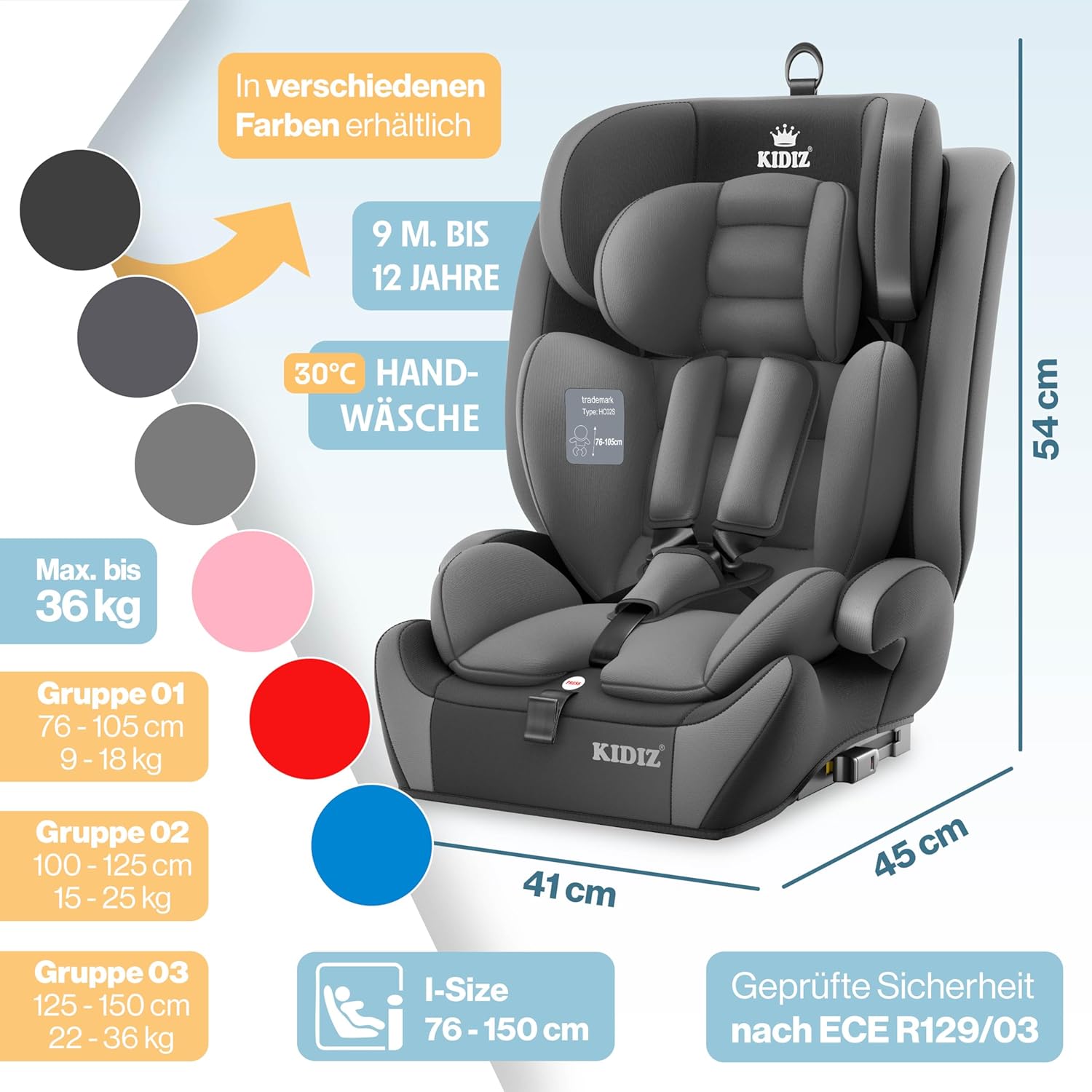 Thumbnail 1 de KIDIZ Autokindersitz mit Isofix i-Size R129 100–150 cm (bis 12 Jahre) – mitwachsender Sitz, 5-Punkt-Gurt, Grau