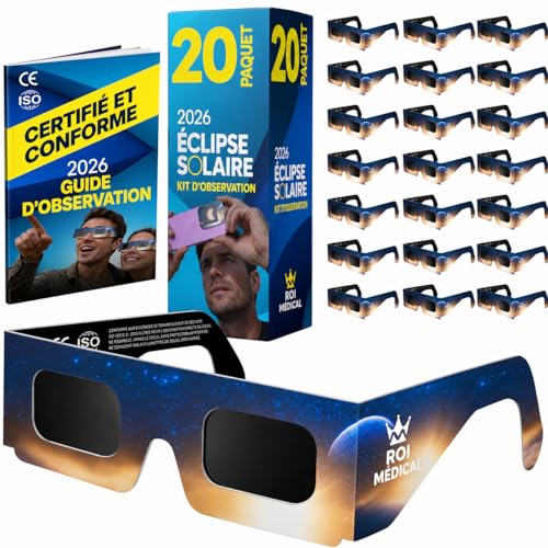 Detalle de Lunettes Eclipse Solaire 2026 – Lot premium 20 paires avec 2 filtres pour smartphone, CE ISO 12312-2
