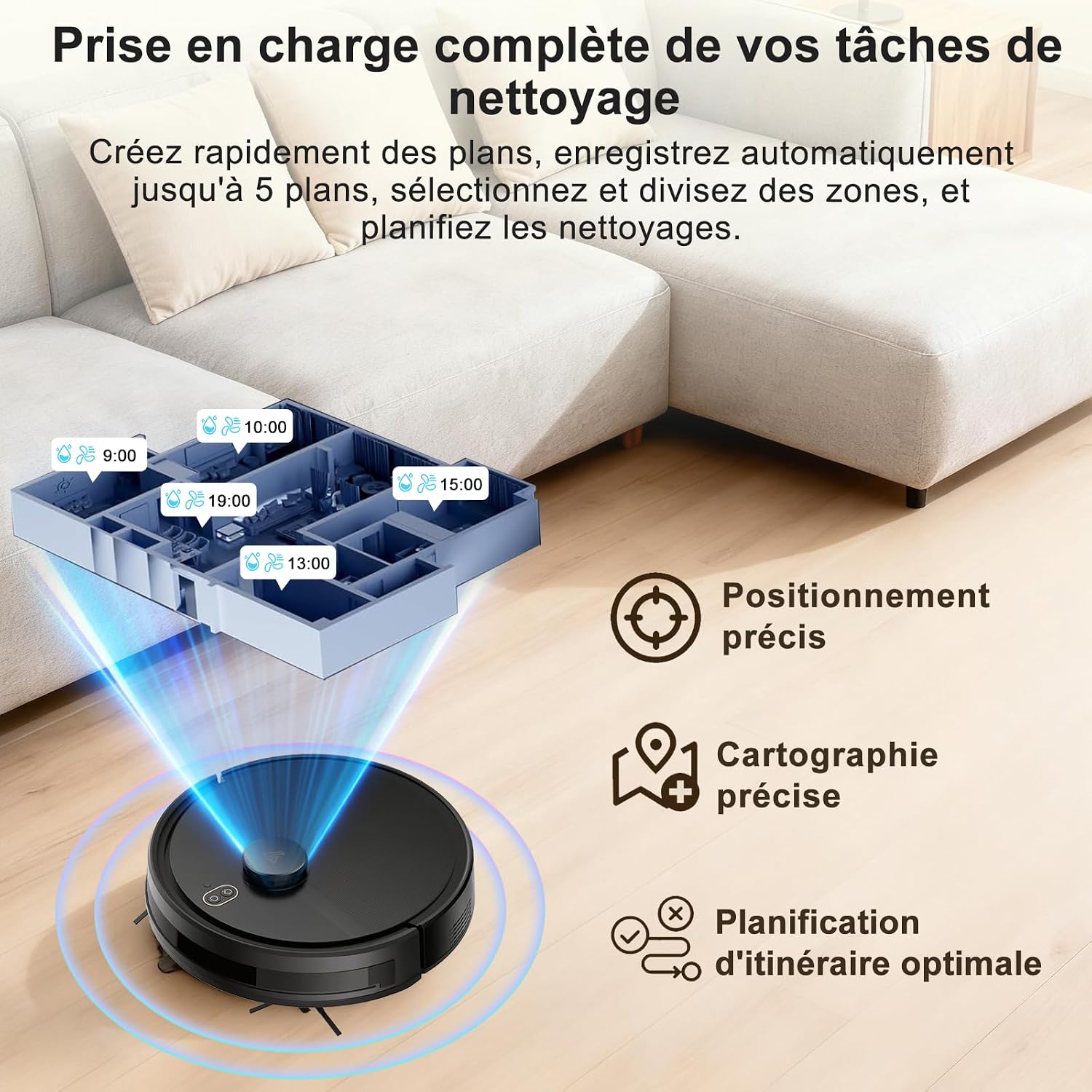 Thumbnail 5 de Robot aspirateur 2025 avec cartographie, 120 min, LiDAR