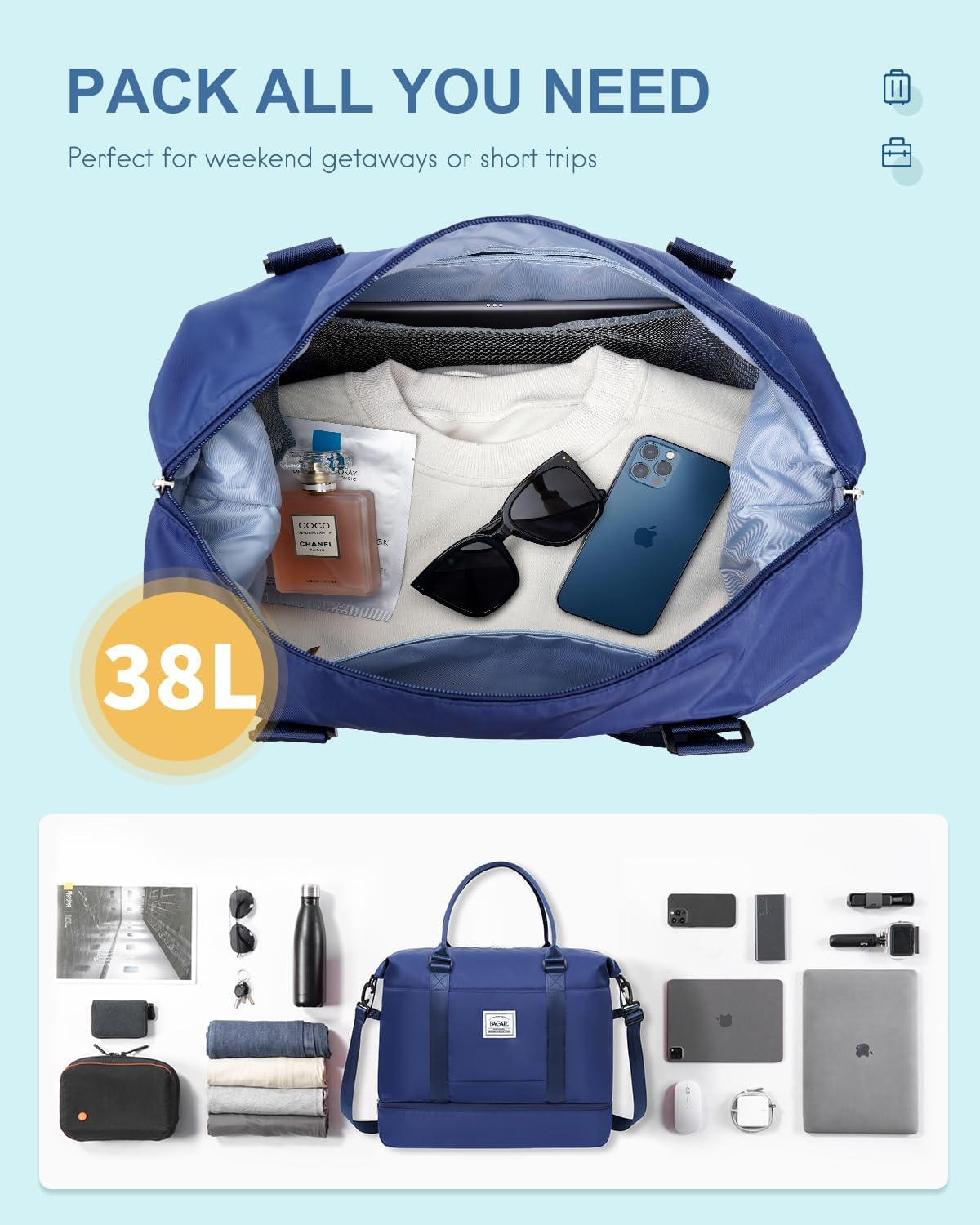 Thumbnail 1 de BAGAIL Travel Duffel Bag with Extra Bottom Storage: Wet/Dry Separation, Separate Toiletry Bag & Versatile Weekender
