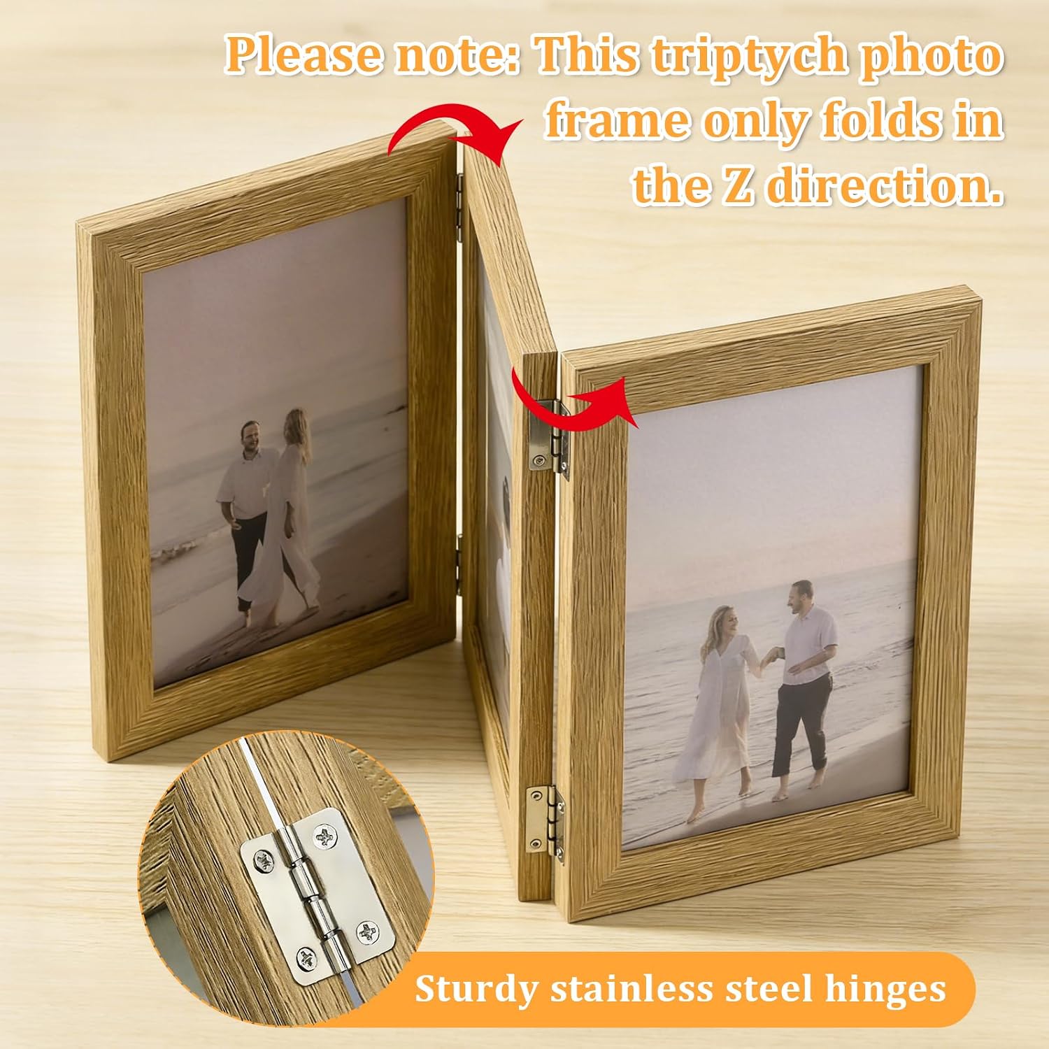 Detalle de ROYUEXT Triple Folding Photo Frame: A timber-edged 3-in-1 display for memories