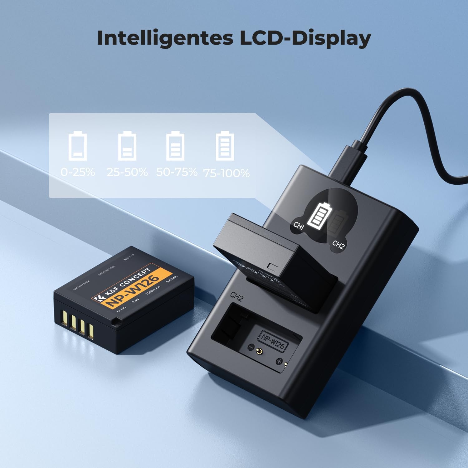 Thumbnail 3 de K&F CONCEPT NP-W126 / NP-W126S Akku (2er-Set) + Dual-Slot Schnellladegerät mit USB-C und Micro-USB – kompatibel mit Fujifilm