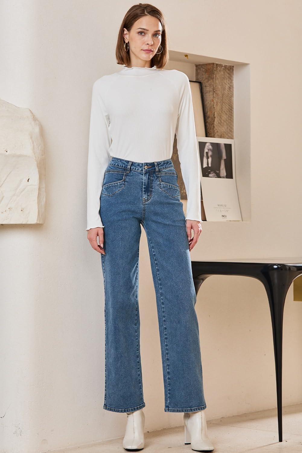 Detalle 2 de SIDEFEEL Women's High-Waisted Stretchy Wide-Leg Jeans with Slant Pockets