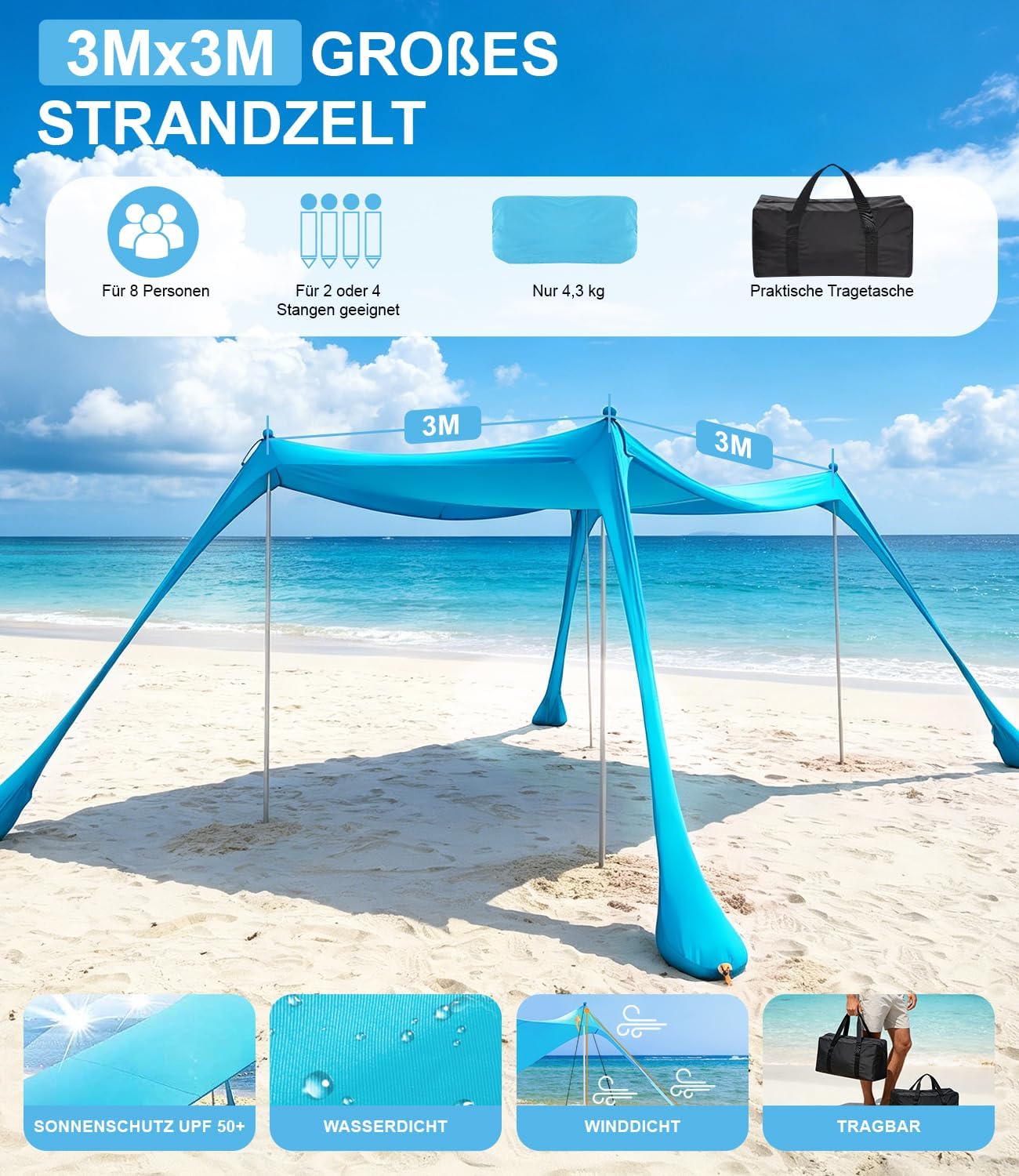 Detalle de MAXVINI UPF50+ Strandzelt 3 m x 3 m – Schatten, Stabilität und Vielseitigkeit für Strand, Camping und Garten