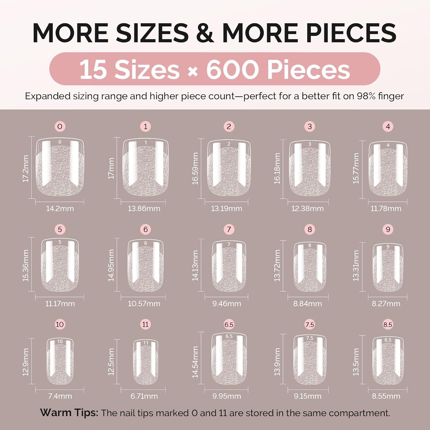Detalle de MelodySusie Extra Short Square X Nail Tips (600 Pcs, 15 Sizes) Clear Pre-Shaped Press-On Tips for DIY Extensions & Salon Use
