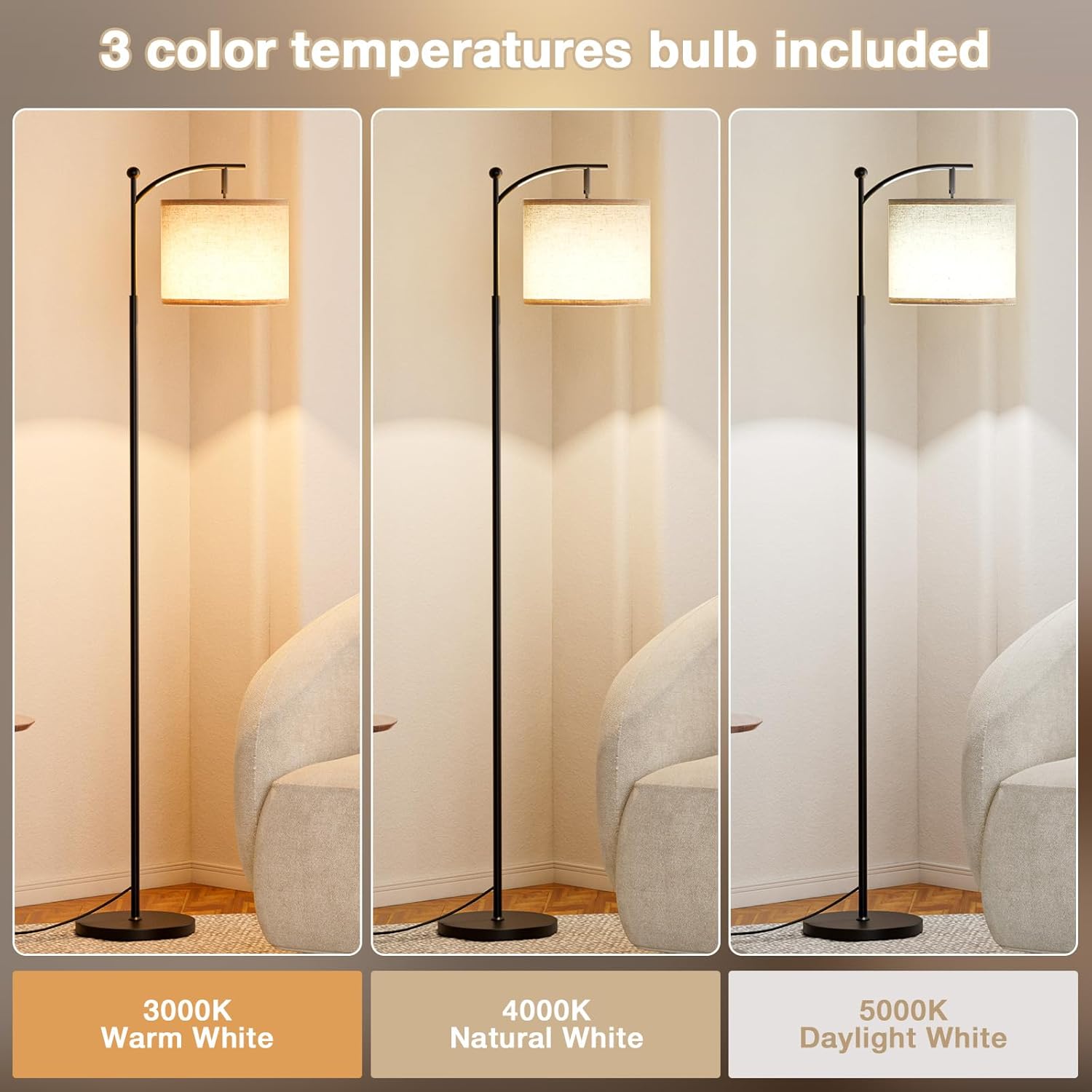 Thumbnail 1 de PreeOtti Stehlampe Wohnzimmer mit 3 Farbtemperaturen (LED, verstellbarer Leinenschirm)