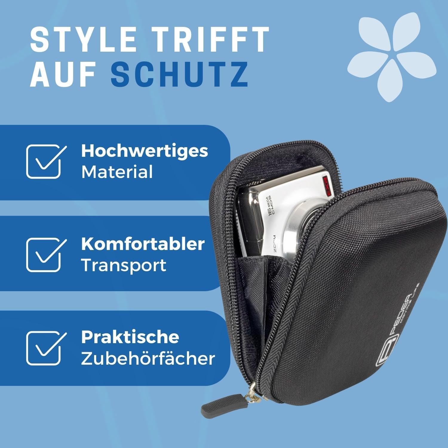 Detalle de PEDEA Hardcase Kameratasche für Digitalkameras (kompatibel u. a. mit Fujifilm FinePix XP140, Sony DSC-WX350, Nikon Coolpix AW130 & mehr) – Schwarz