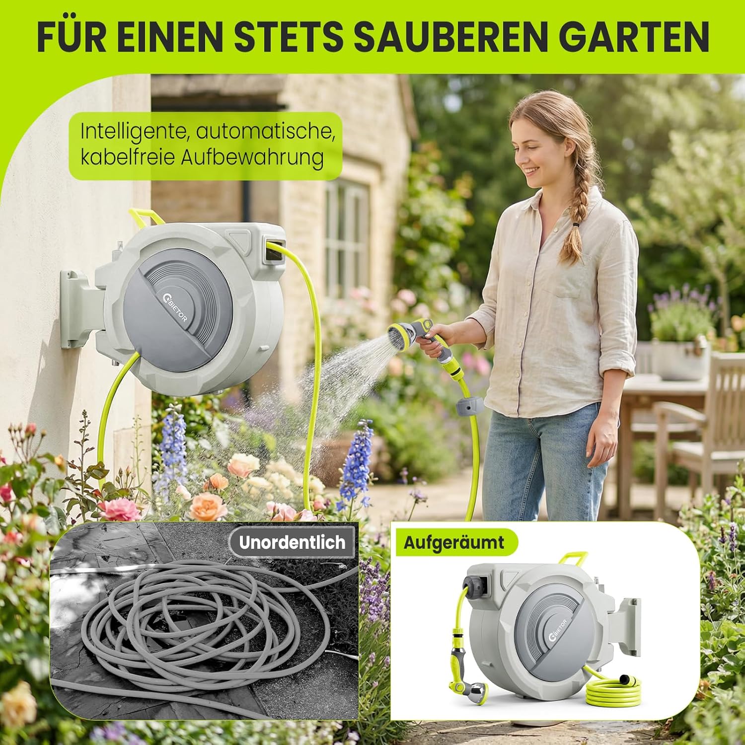 Thumbnail 1 de Bietor Schlauchtrommel Wasser 45m + 2m – Automatische Aufrollung, 180° Wandhalterung und 10-funktionen Sprühdüse