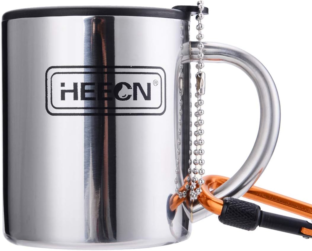 Thumbnail 6 de HEECN tazze da caffè da campeggio doppia parete in acciaio inox 18/8 da 260 ml con coperchio girevole e moschettone HESS-038BBK