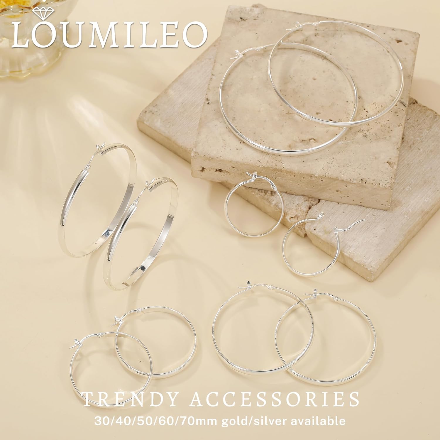 Thumbnail 6 de LOUMILEO 4mm Wide Large Silver Hoop Earrings (925 Sterling Silver, Hypoallergenic) — 30–70mm