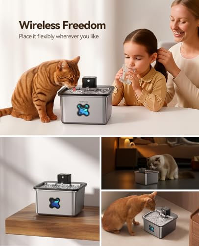 Detalle de FEELNEEDY Fontaine à Eau pour Chat INOX 3,2 L – Sans Fil, Filtration Avancée