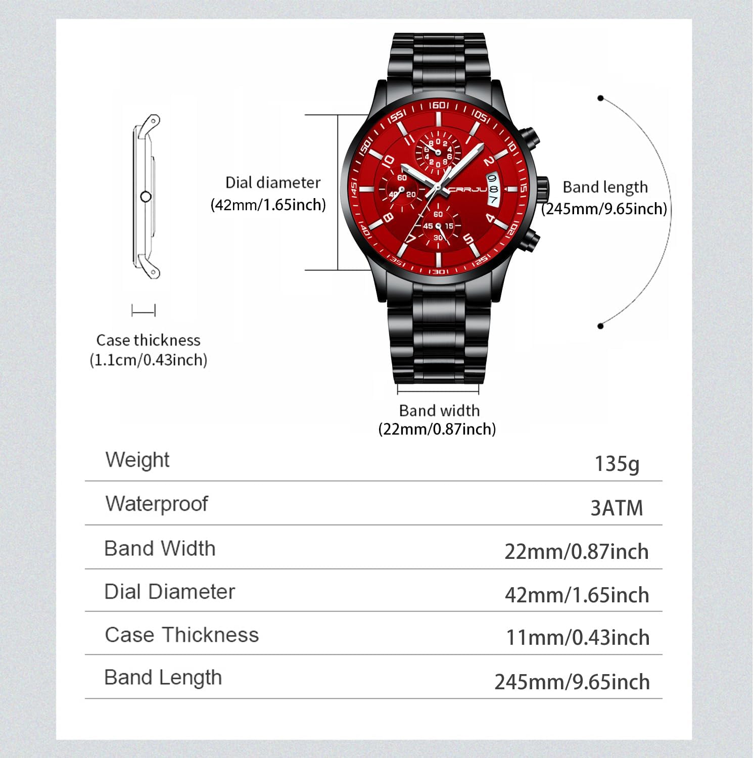 Thumbnail 6 de CRRJU Herren Uhr wasserdichte Chronographenarmbanduhr aus Edelstahl mit Kalender (Quarz)