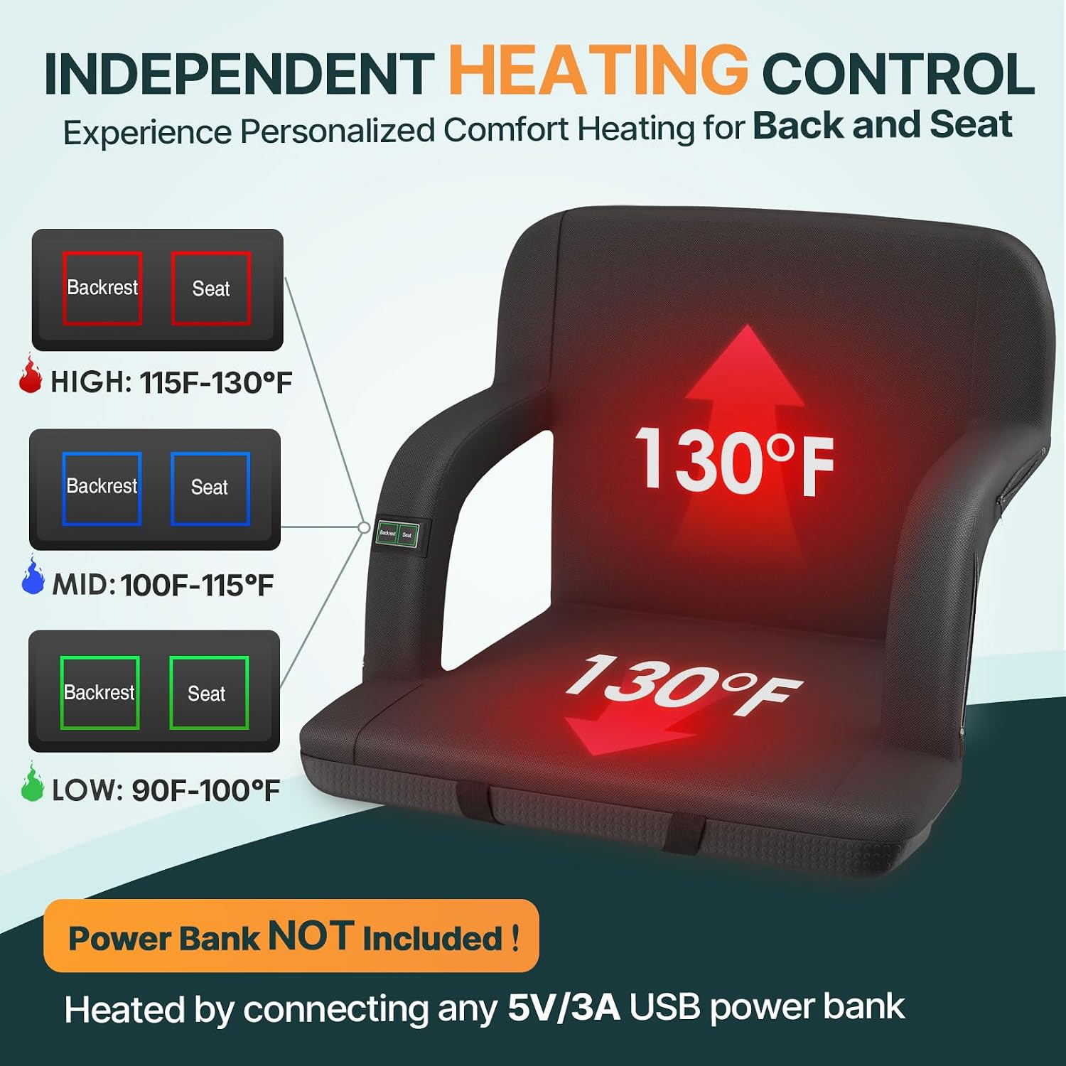 Detalle de HOPERAN JSZY-SK-1PC Heated Stadium Seat, Dual-Zone Heat, 6 Recline Positions