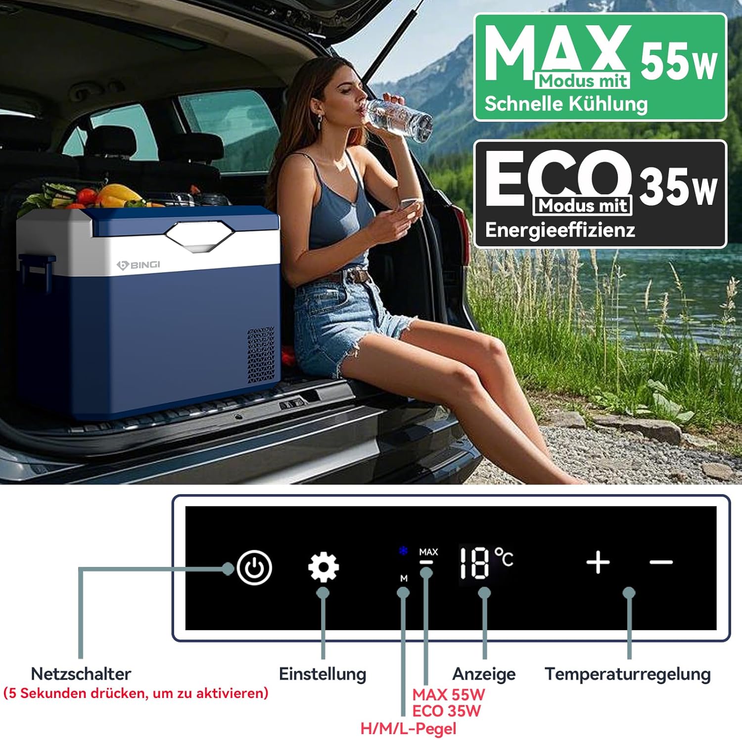 Thumbnail 1 de BINGI Kompressor Kühlbox 30 Liter – Tragbarer Auto-Kühlschrank 12/24V DC & 230V AC