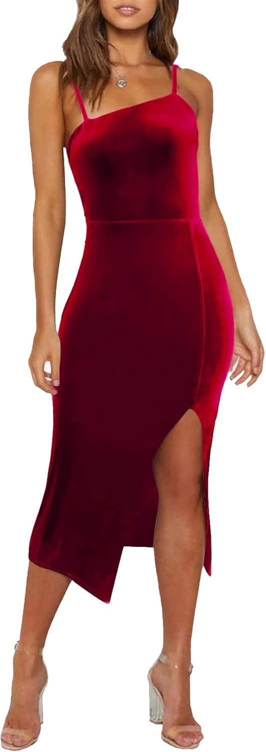 Thumbnail 6 de OWIN Women's Adjustable Spaghetti Straps Midi Bodycon Cocktail Dress: High Waist, Split, Sleeveless