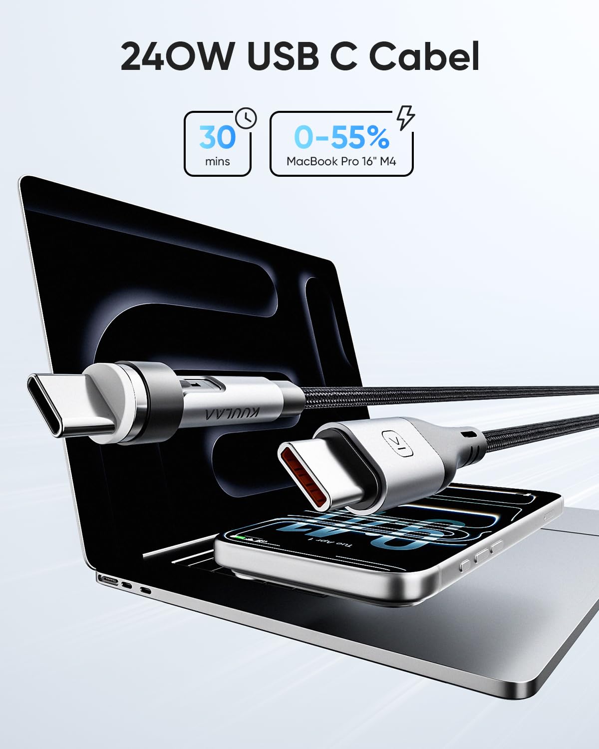 Detalle 2 de Kuulaa 2-in-1 Magnetladekabel USB-C mit 240W PD 3.1 – Magnetstecker, kompatibel mit iPhone-Serie, MacBook, iPad und mehr