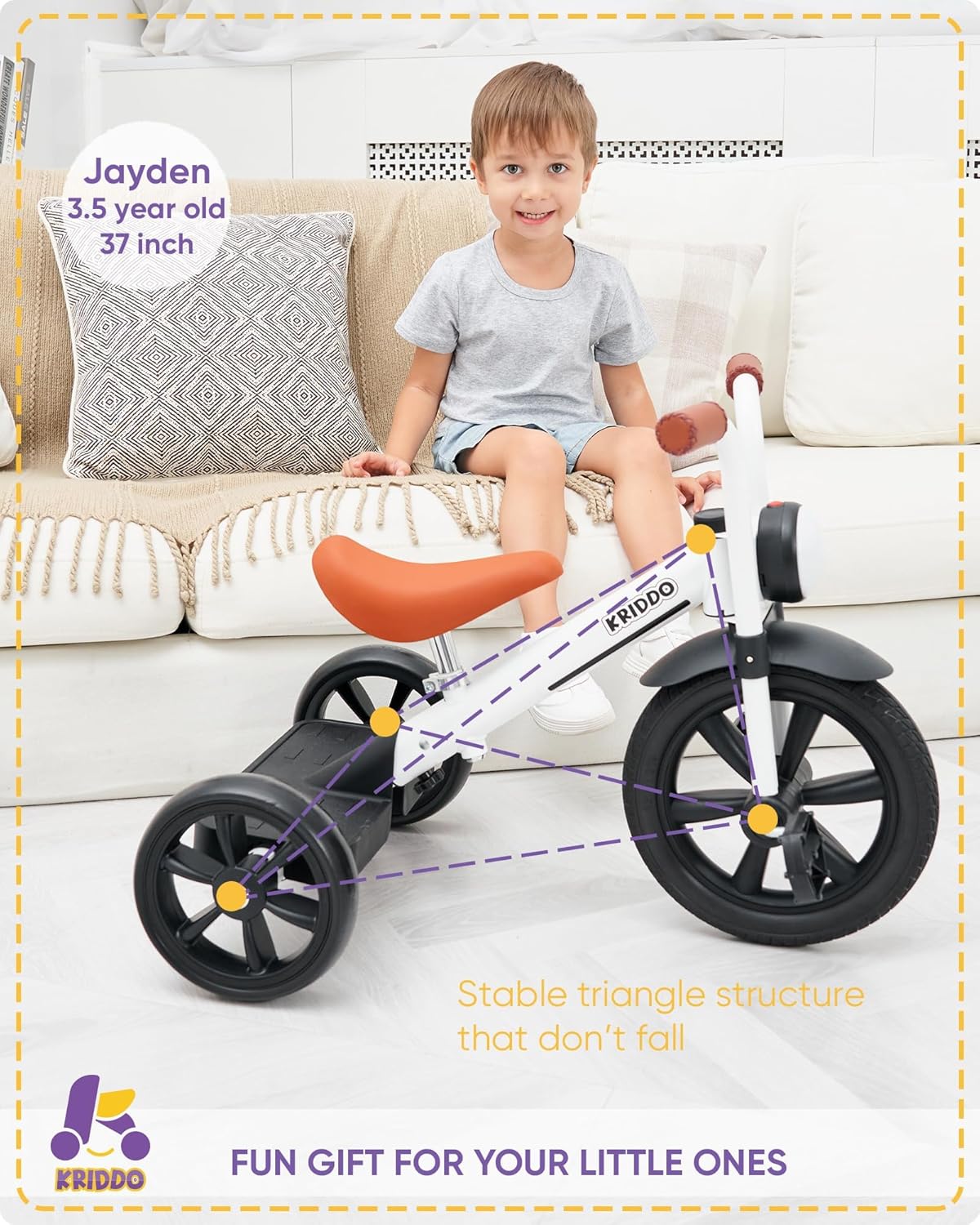 Thumbnail 3 de KRIDDO Kids Tricycle (12 Inch Puncture-Free Wheel) with Front Light, Adjustable Seat, for Ages 2–5, White