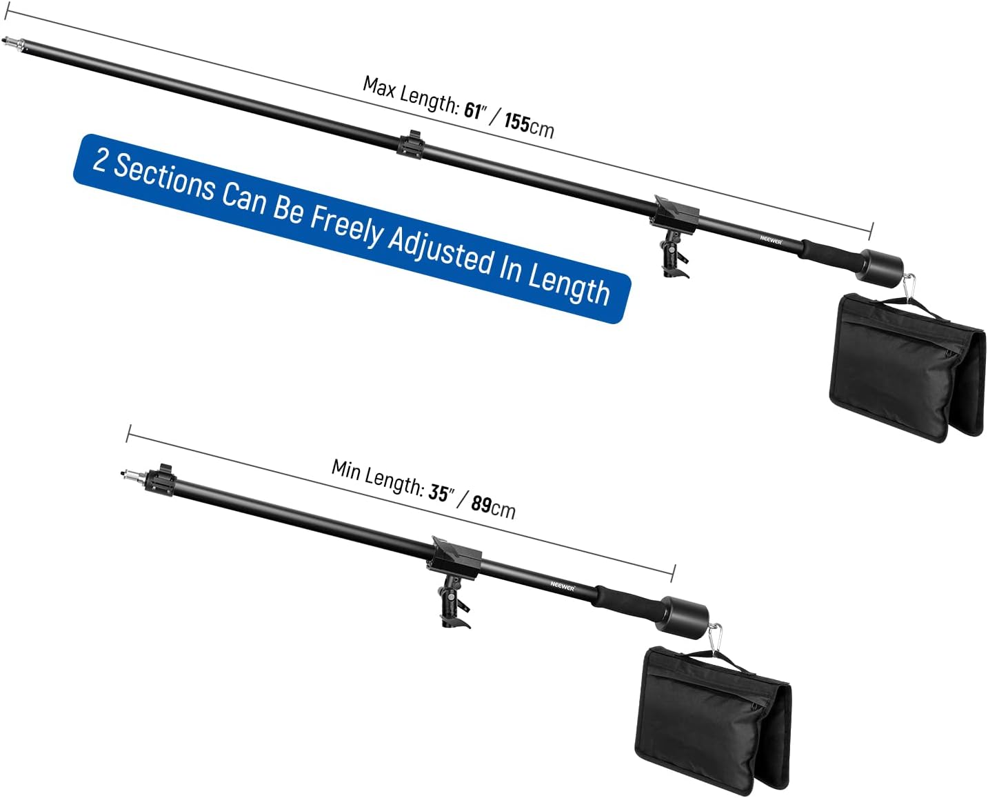 Detalle de NEEWER perche pour trépied 89 à 155 cm avec contrepoids 1,5 kg et sac de sable, vis 1/4 compatible softbox et flash