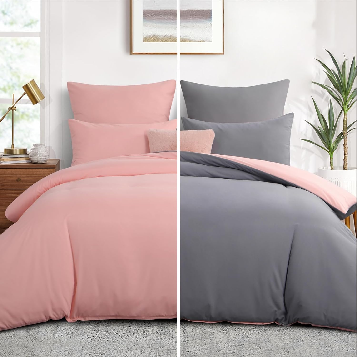 Detalle de Aisbo beddengoedset 200 x 200 cm, omkeerbaar, microvezel, roze en lichtgrijs