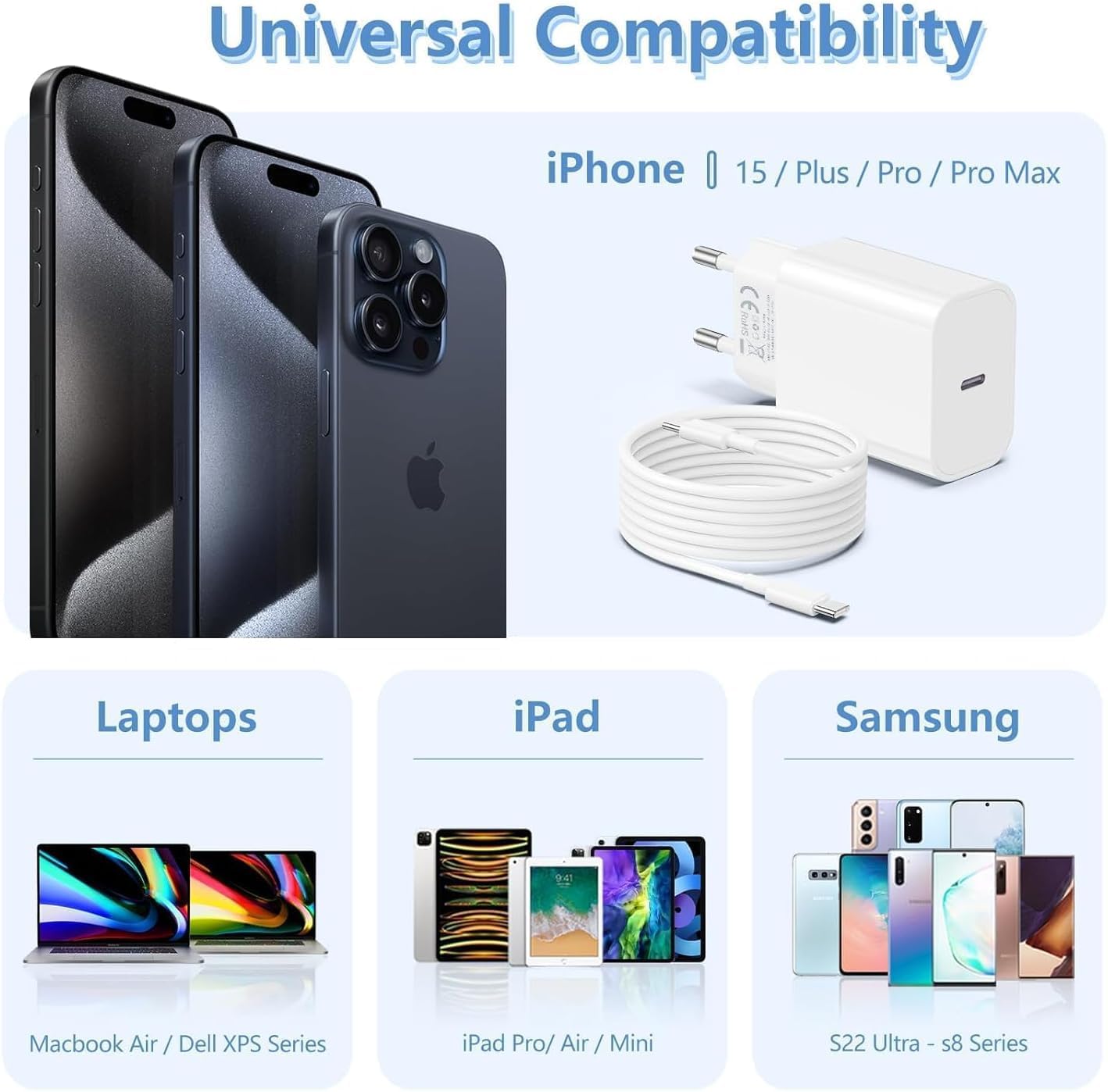 Thumbnail 5 de Qalirvis 2er Pack USB-C Schnellladegerät 20W + 2 m USB-C Kabel für iPhone 15/16/17