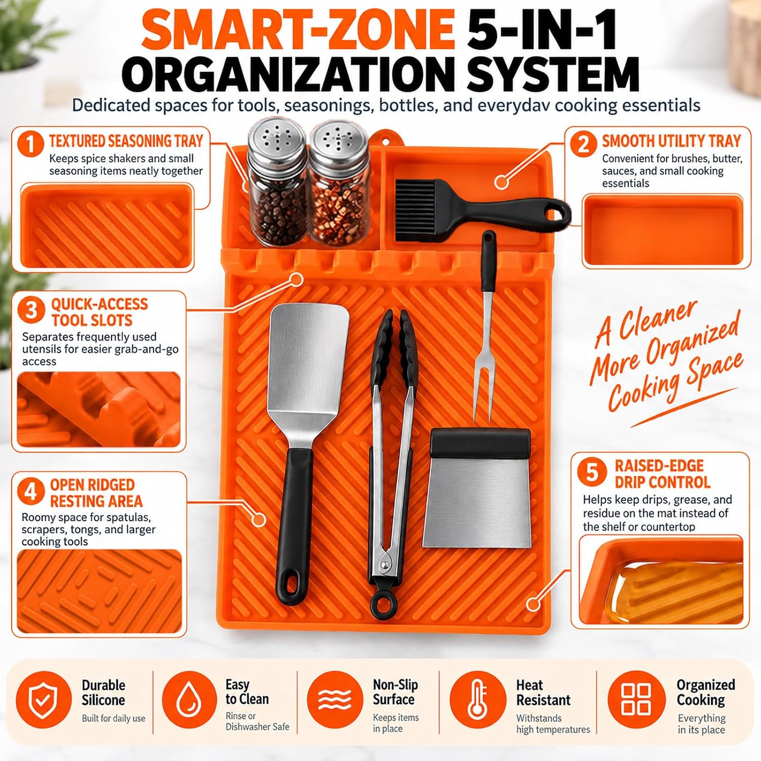 Thumbnail 2 de Find law GJD-cheng Silicone Griddle Tool Mat, Orange with Utensil Slots