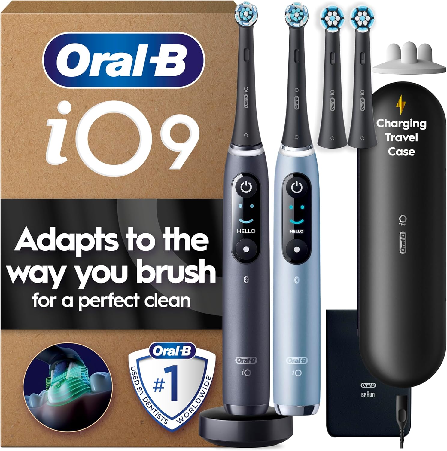 Detalle de Oral-B iO 9 Electric Toothbrush (Sapphire Blue) with 3 brush heads, fast magnetic charger & travel case