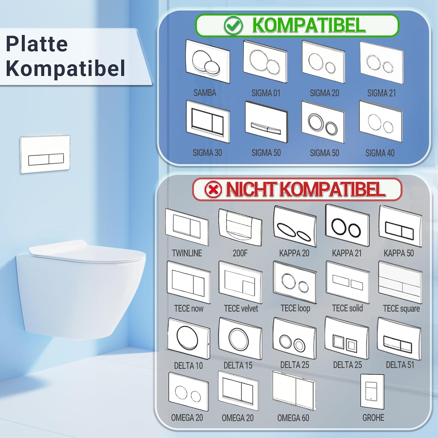 Detalle de Mendorio WC Drückerplatte – kompatibel mit Geberit Sigma, UP300/UP320, Doppelspülung, Matt Weiß