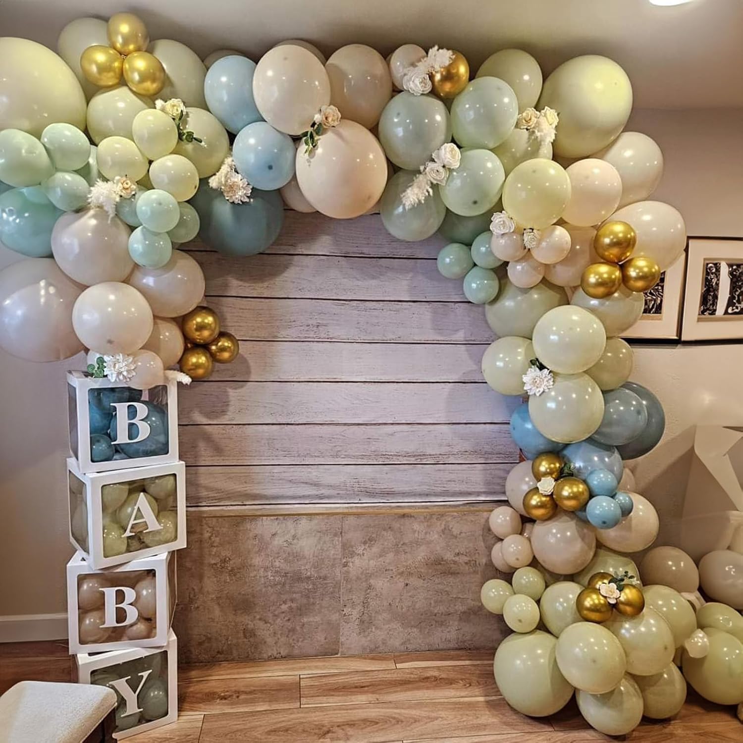 Thumbnail 3 de Dusty Green Blue Balloon Kit: 60-Pack, 12-Inch Sage Green Balloons with Haze Fog Blue, Sand White, and Gold Accents