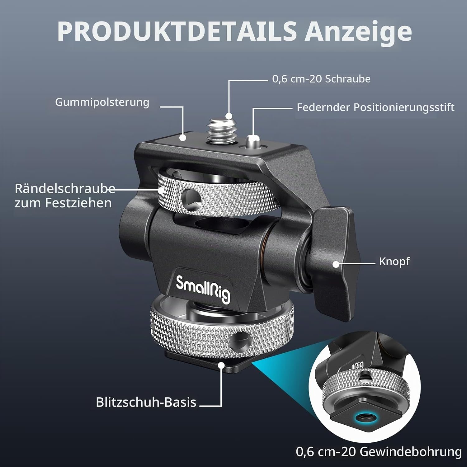 Detalle 2 de SMALLRIG 2905B Kamera-Monitorhalter mit Cold-Shoe-Adapter, 360° drehbar & 180° neigbar