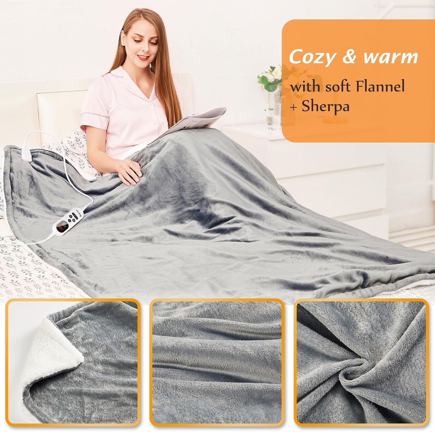 Thumbnail 3 de Mia&Coco Electric Heated Blanket Throw (180x130cm) – Flannel & Sherpa, 10 Heat Levels, 9-Hour Auto-Off (Grey)