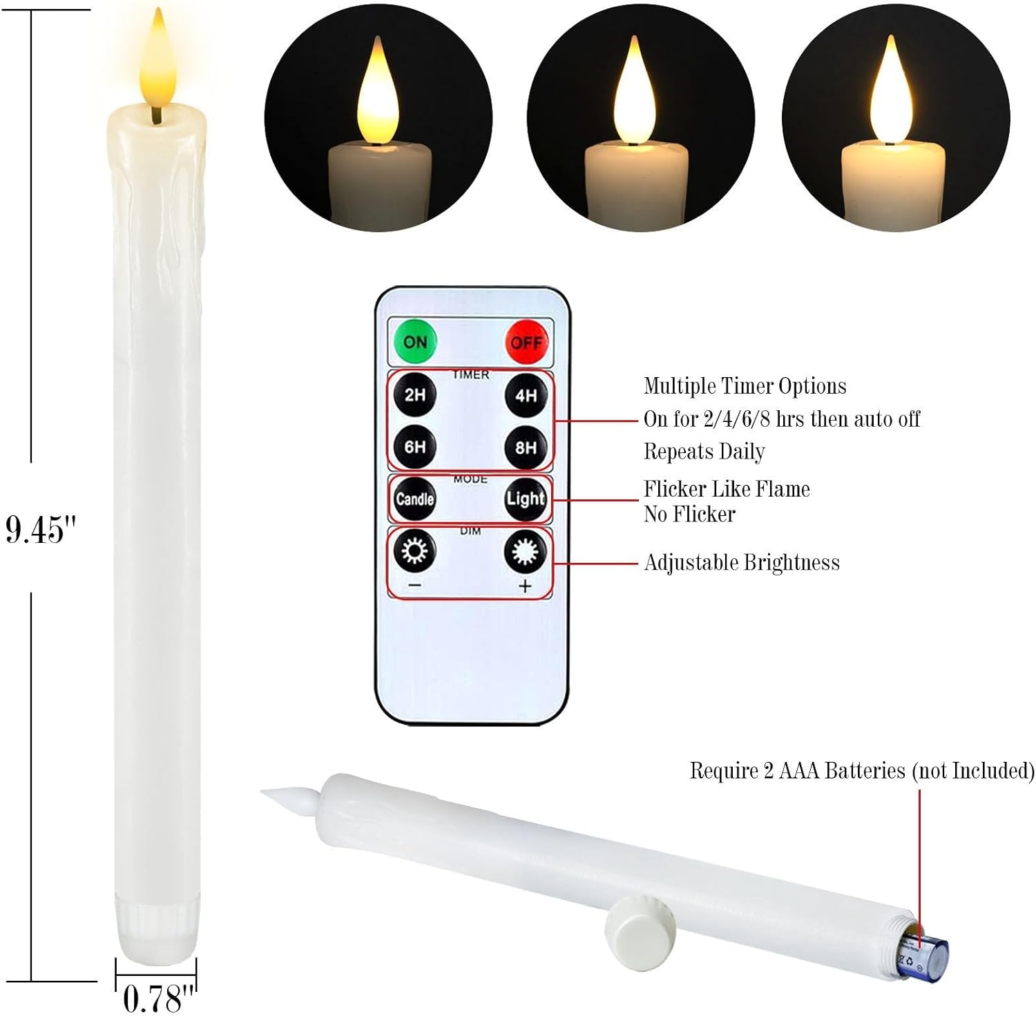 Thumbnail 2 de Homemory 2 Pack 9.6 inch 3D Wick Flickering Flame LED Taper Candles with Remote and Timer