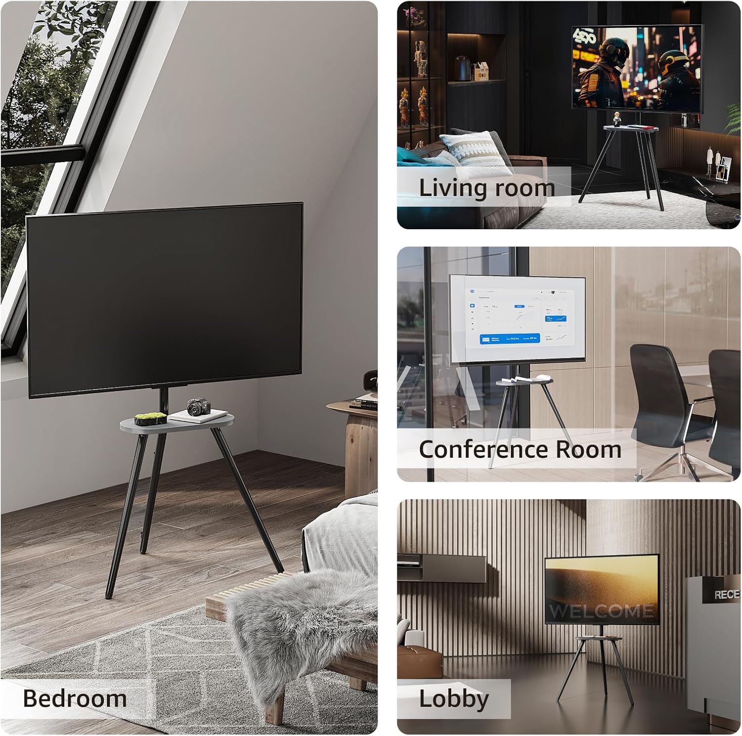 Thumbnail 6 de ECOTINY Metal Leg Tripod TV Stand for 43–65 Inch TVs with Wood Shelf, Height Adjustable Swivel, Black