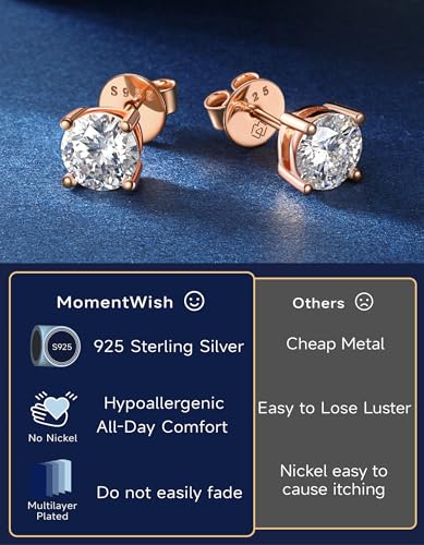Detalle de MomentWish Moissanita Pendientes Oro Rosa Mujer 3 Quilates – Plata de Ley 925, Hipoalergénicos