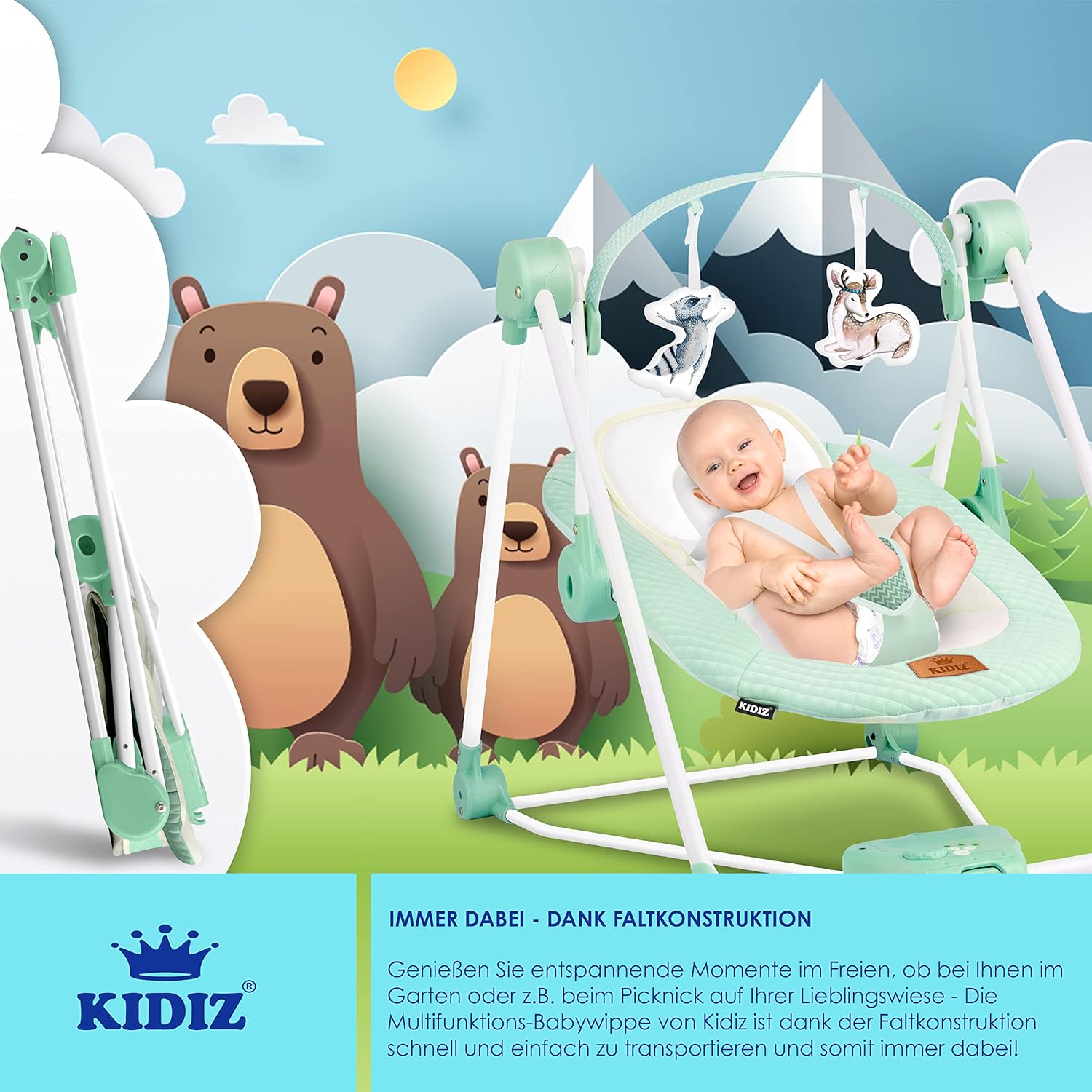 Thumbnail 4 de KIDIZ® Babywippe Babyschaukel mit 5 Geschwindigkeiten – faltbar, inkl. Spielbogen und Sound