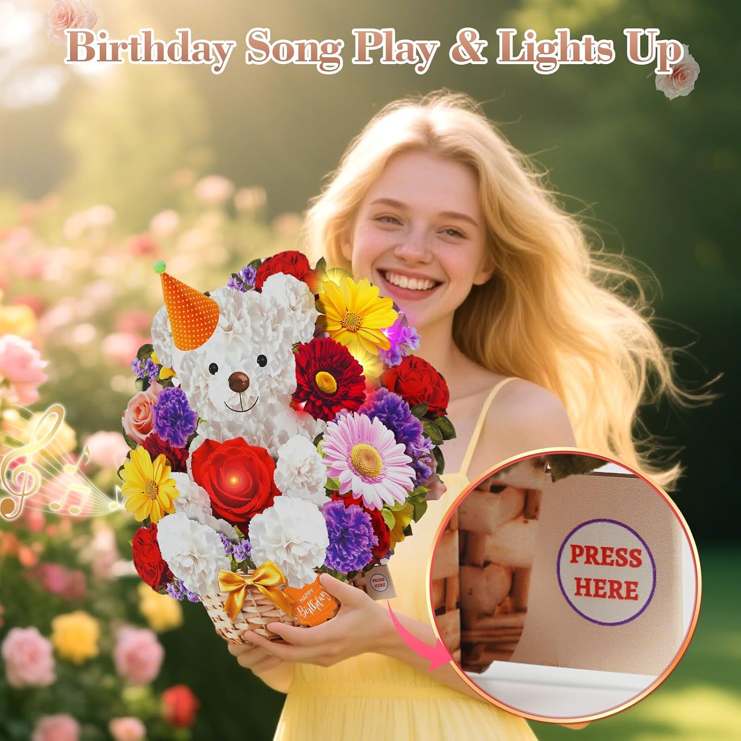 Detalle de WUJUN Bear & Daisy Pop-Up Birthday Card with Music & Lights (10 inch flower bouquet)
