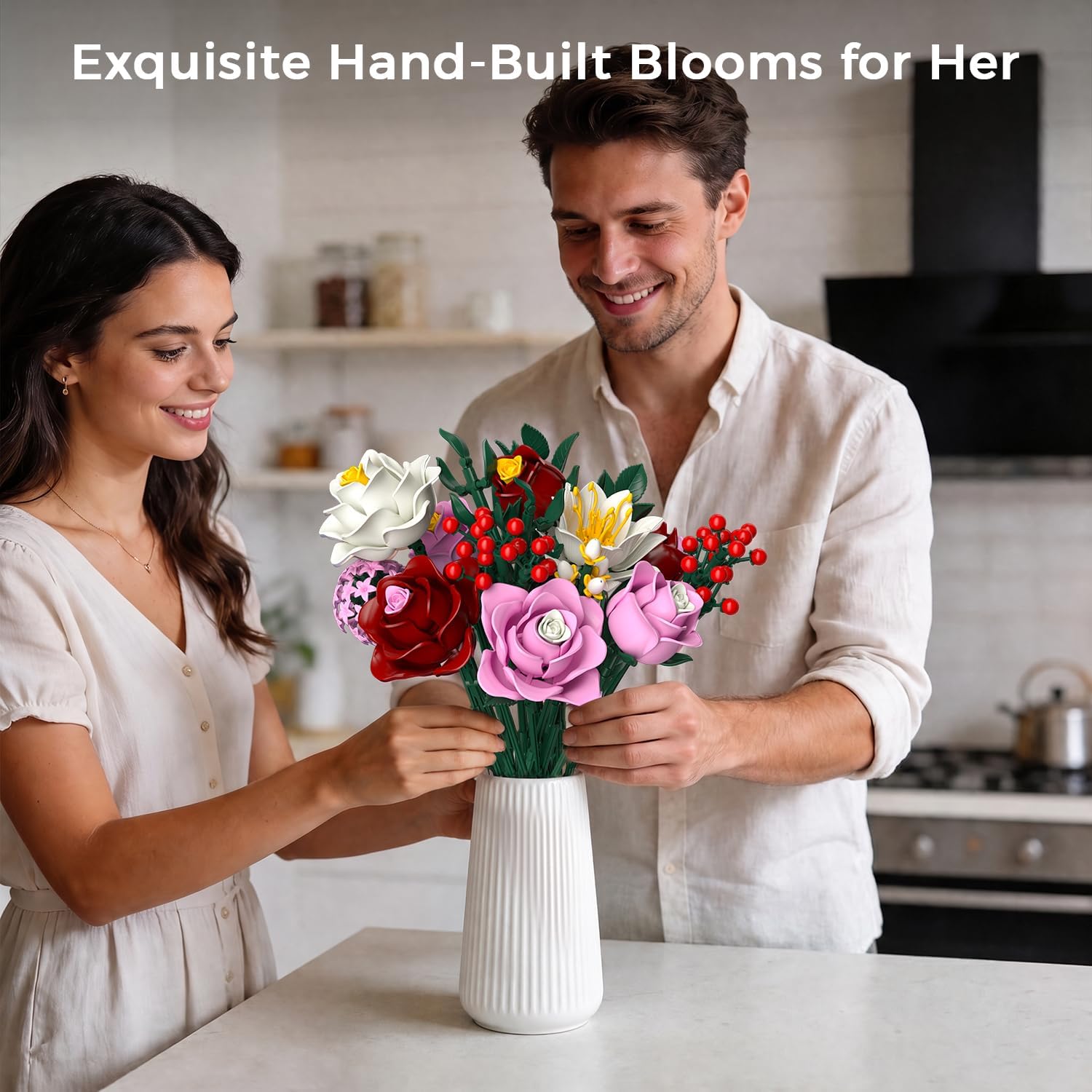 Detalle 1 de Layered Blush Pink Roses Bouquet Building Set, 720 Pieces, Adjustable Stems