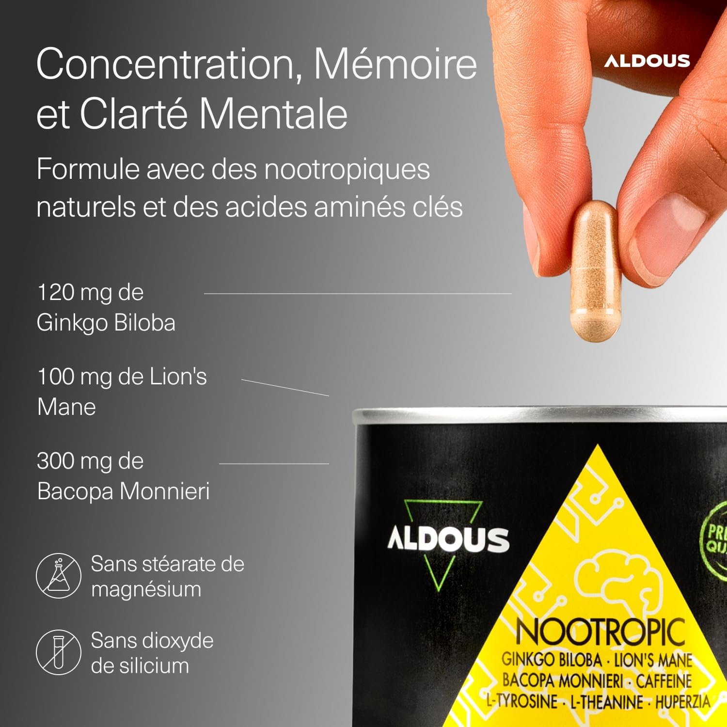 Detalle de Nootropique Naturel Aldous – 80 Gélules: Brain Booster pour Mémoire, Concentration et Énergie
