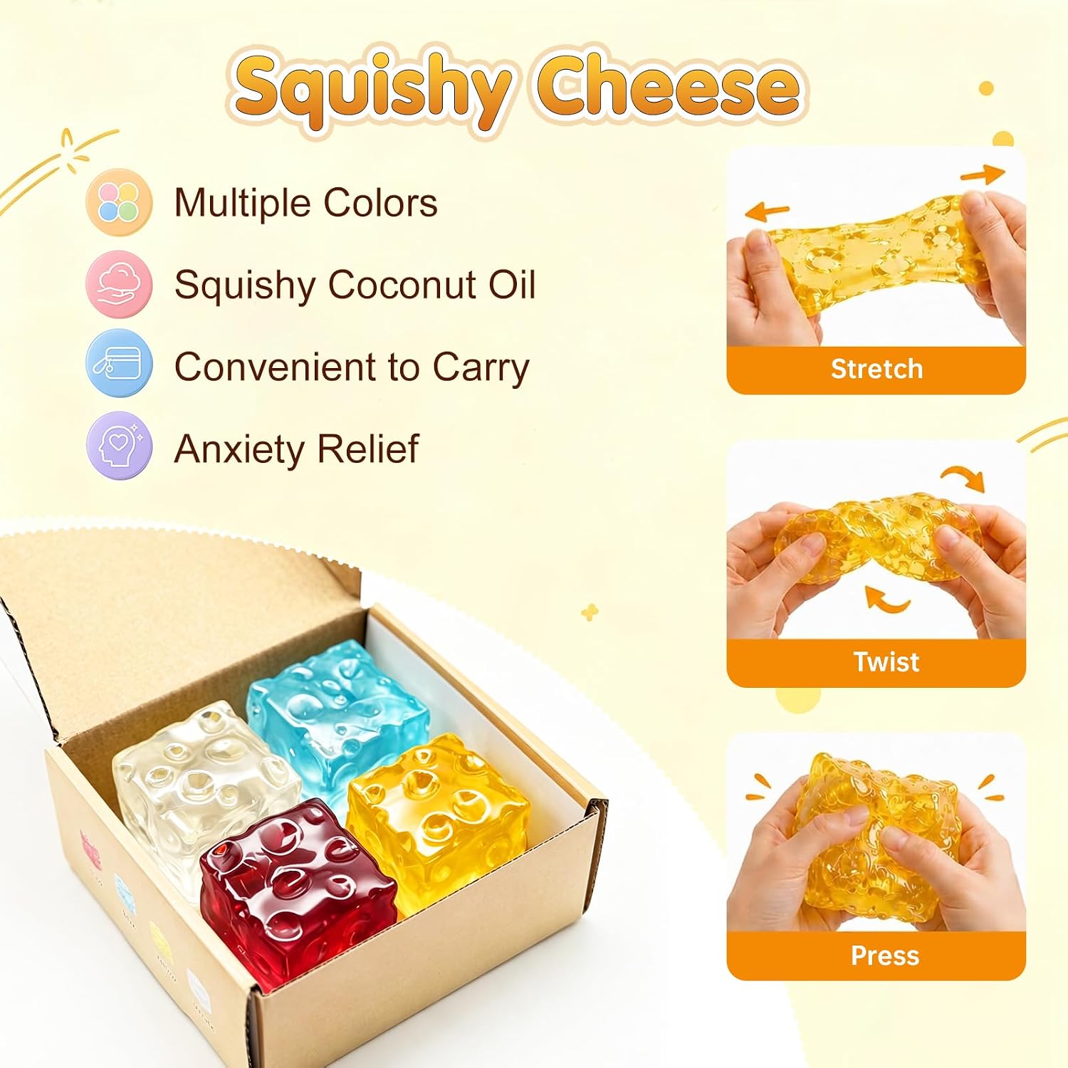 Detalle de SWUGIXO Coconut Oil Cheese Squishy Fidget Toys, 4-Pack, 2.4-Inch No-Rebound TPR