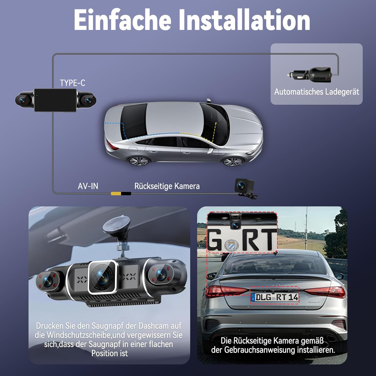 Thumbnail 4 de 360°Dashcam Auto Vorne Hinten 4-Kanal – Panorama-Dashcam mit 4K+1080p, 64GB, IR-Nachtsicht, G-Sensor